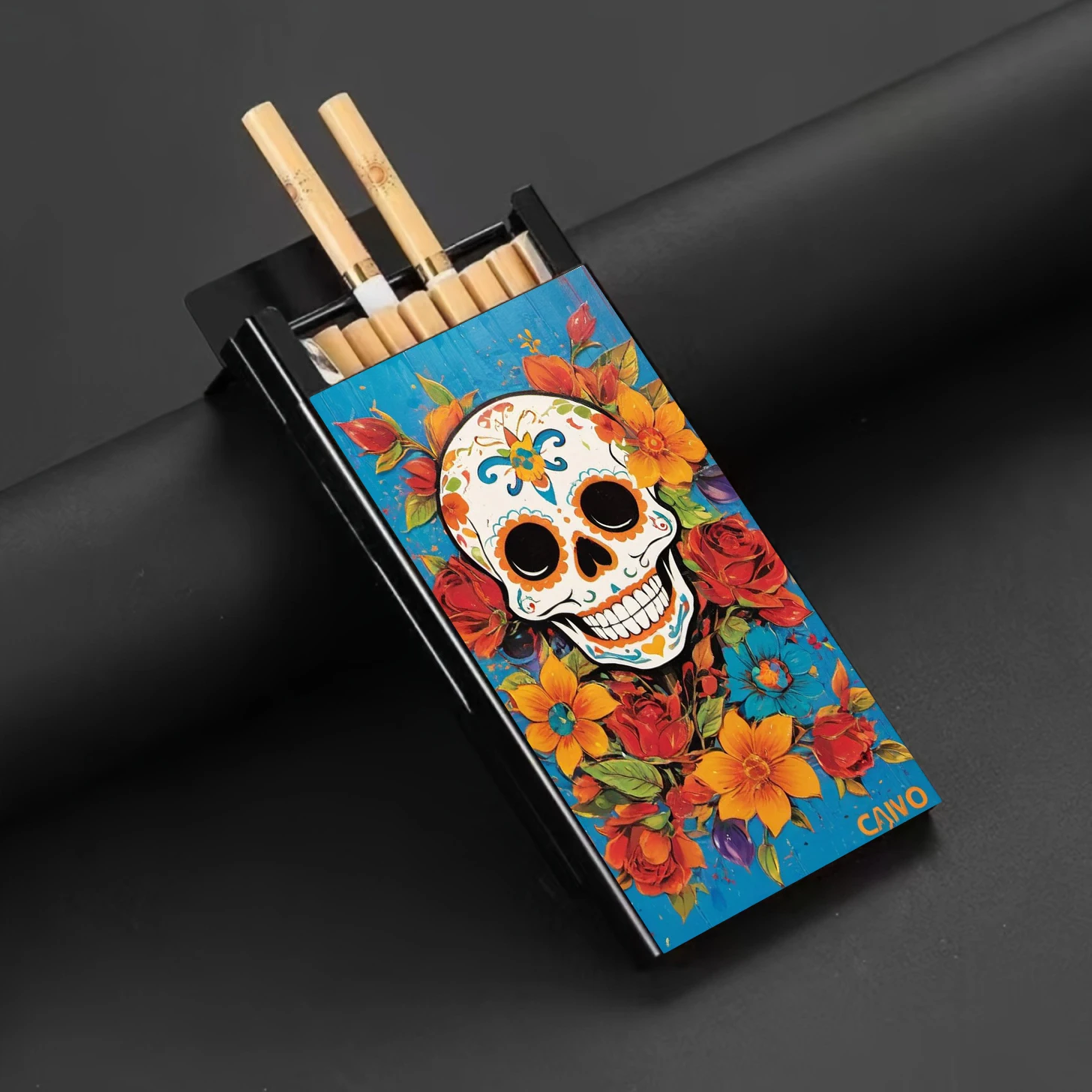 Skull Face Flower Element, Men's Metal Cigarette Box Suitable for Storing Cigarettes, Moisture-proof Extruded Metal Box