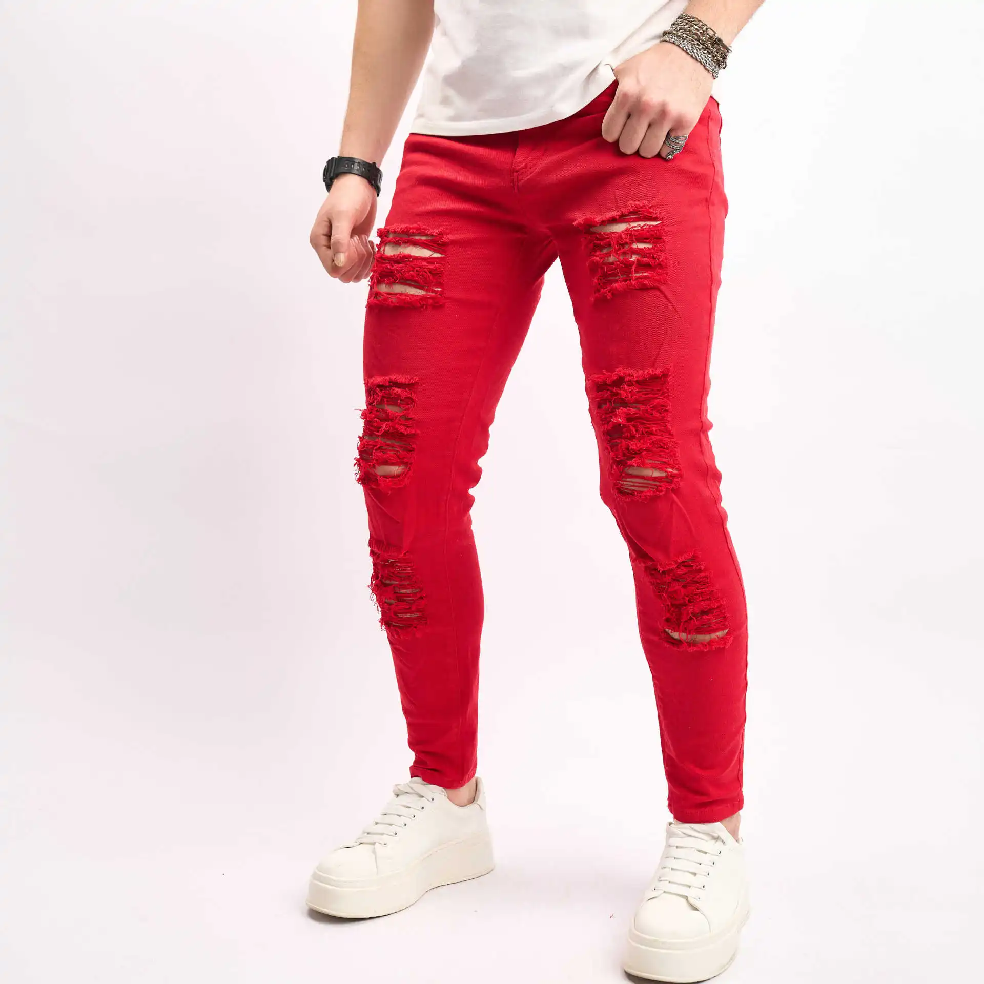 

Daily Simple Pencil Pants Men Tight Fit Hole Jeans Spring Summer Fashion Vintage Skinny Stretch Denim Trousers Streetwear