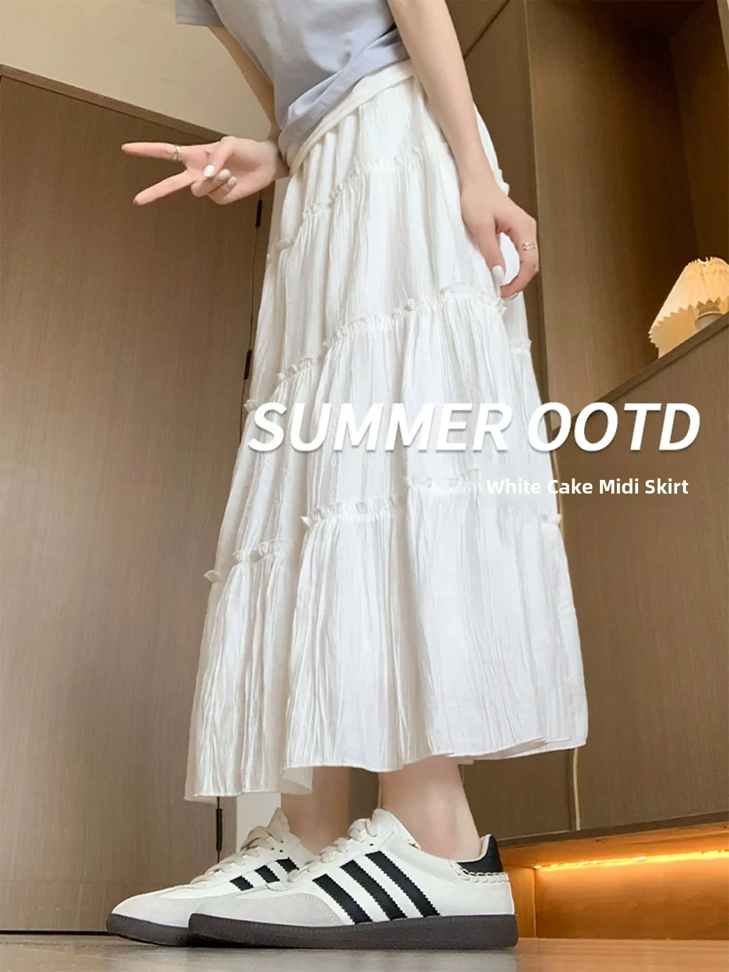 White High Waist A-Line Midi Skirt Women's plus Size Autumn Style Flared Ballet Cake Skirt Elegant Slimming Half-length