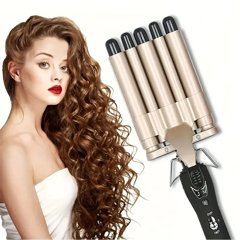 Professional Hair Crimper Iron - 5 Barrel Curling Wand with Dual Voltage (110-240V), 0.6" Barrel for Voluminous Waves, Curls