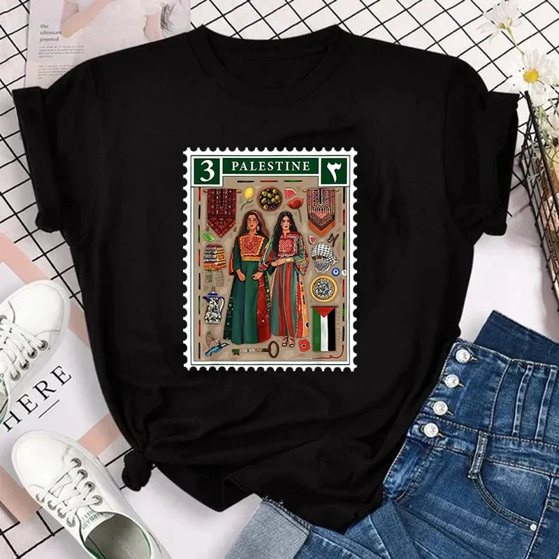 Funny Graphic Print Harajuku Palestine Stamp Retro T-Shirt Women Vintage Casual Clothing Streetwear T-Shirts Tops Tees for Gift