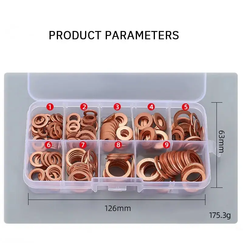 Copper Gasket Boxed Multistandard O Shaped Copper Gasket Combination Oil Plugging and Sealing Ring Combination 1 Box 200pcs