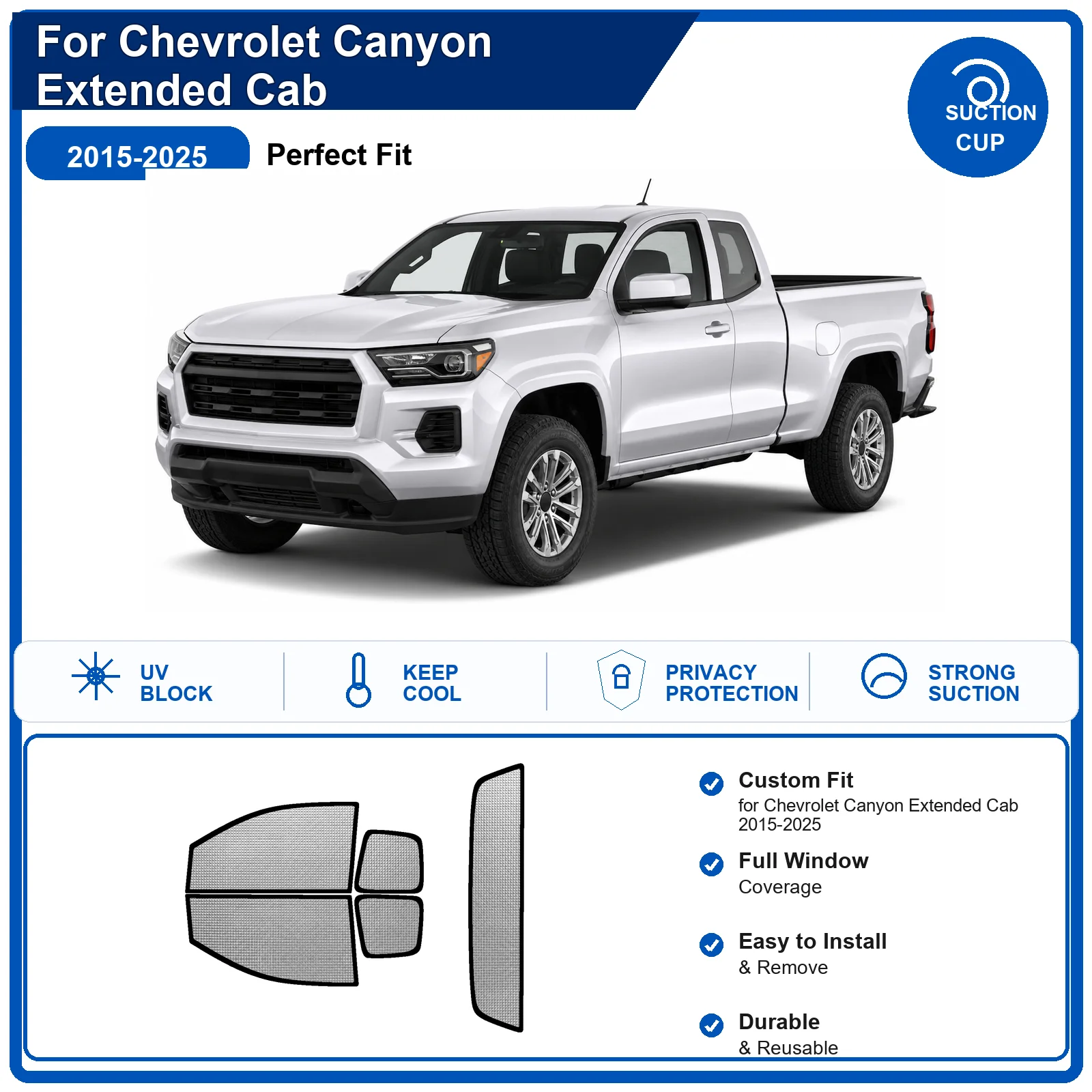 For Chevrolet Canyon Extended Cab 2015-2025 Custom Full Set Windshield Sun Shade Aluminum Foil Heat Insulation Anti UV Foldable