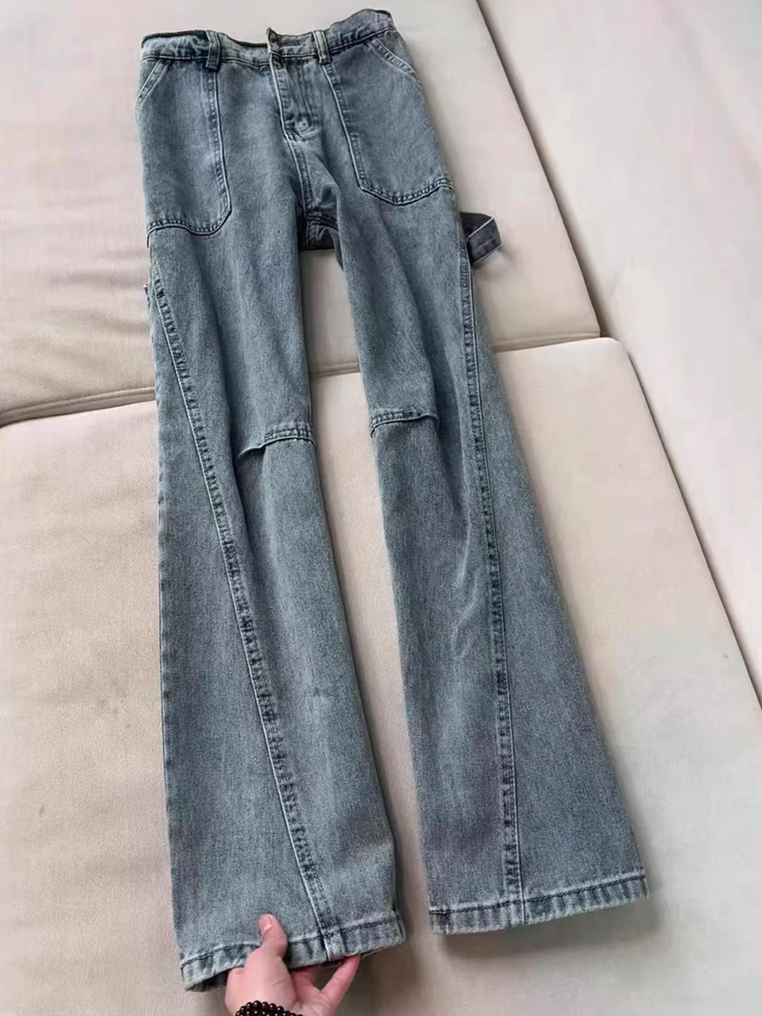 

Мужские джинсы American High Street Knife, весенняя коллекция, с косым кроем, плиссированные, в стиле рабочей одежды, с расклешенными штанинами, в стиле Cool Vibe