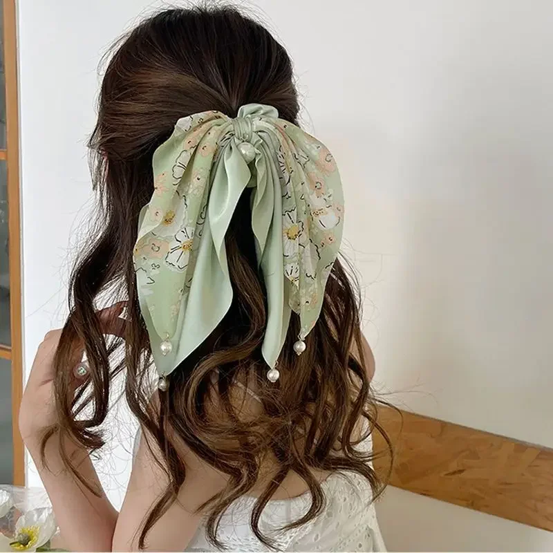 Elegance Print Long Ribbon Hair Scrunchies for Women Elastic Satin Ponytail Scarf Girls Bow Hair Bands with Pearl Boho Hair Tie