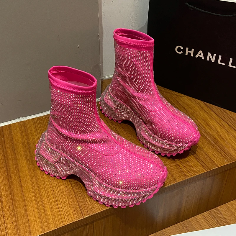 

7cm High Heel Platform Boots for Women Fashion Designer Crystal High Heels Ankle Boots for Women Elegant Women Boots Mujer Botas