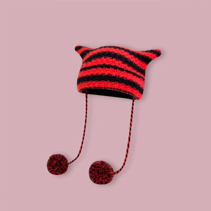 Devil Ear Striped Beanie Hat Women Contrast Cute Devil Horns Hat Girls Handmade Crochet Winter Warm Ski Cap Halloween Gift