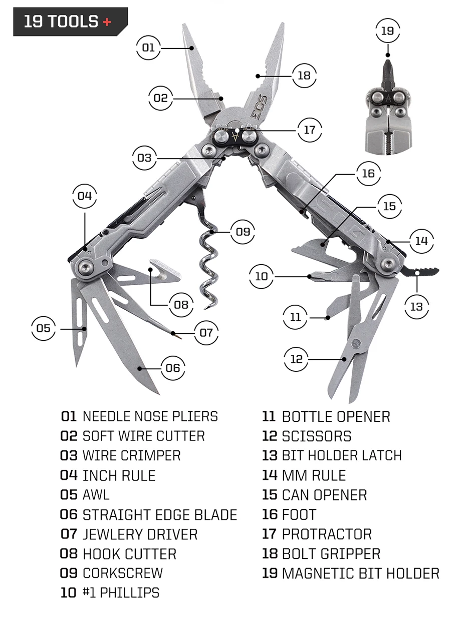 SOG PowerLitre Mini Multitool-Zange mit 19 Leichtgewichtswerkzeugen EDC Kompaktes Taschenwerkzeug mit Klappmesser, Korkenzieher und Schraubendreher – Detail 5