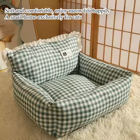 Wholesale cat nest winter sofa nest semi-closed warm green grid lace pet sofa cushion cat kennel thickened seat