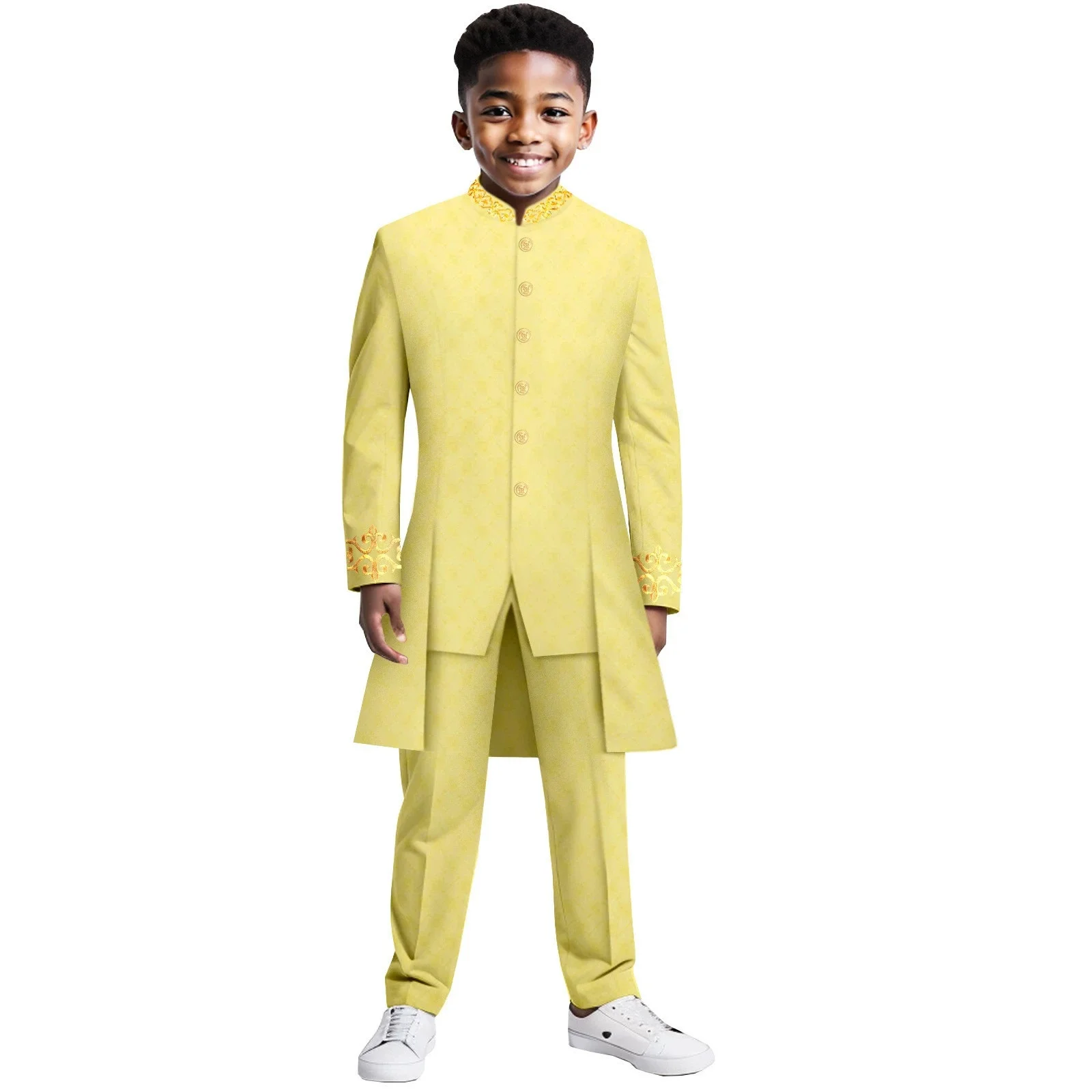 인도 스타일 소년 정장 턱시도 긴 정장 싱글 브레스트 자켓과 바지 세트 웨딩 패션 어린이 파티 드레스