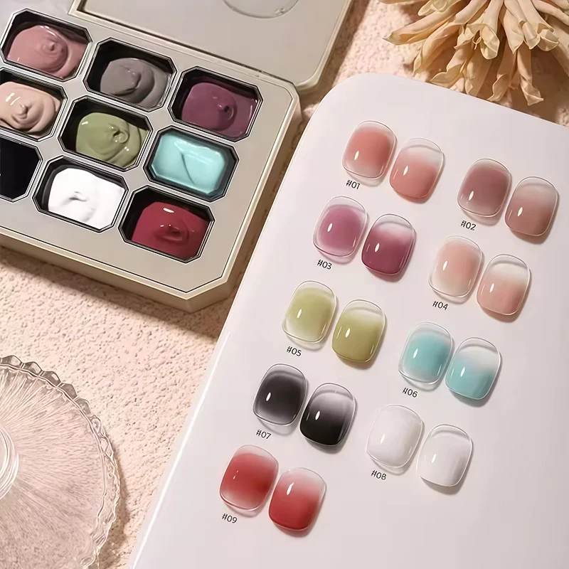 Esmalte de Unha em Gel Sólido Gradiente de 9 Cores de Alta Saturação, Gel para Manicure Francesa, Ideal para Técnicos de Unhas e Iniciantes.