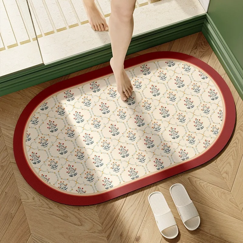 Carpet for Bathroom Non-slip Floor Mat Absorbent Diatom Mud Toilet Shower Area Foot Mats Red Retro Flower Home Decoration Rug