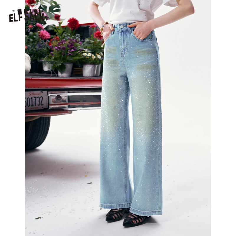 ELFSACK Light Blue Washed Rhinestone Wide Leg Jeans, High Waist Loose Flared Denim Pants, Y2K Streetwear Trousers for Women