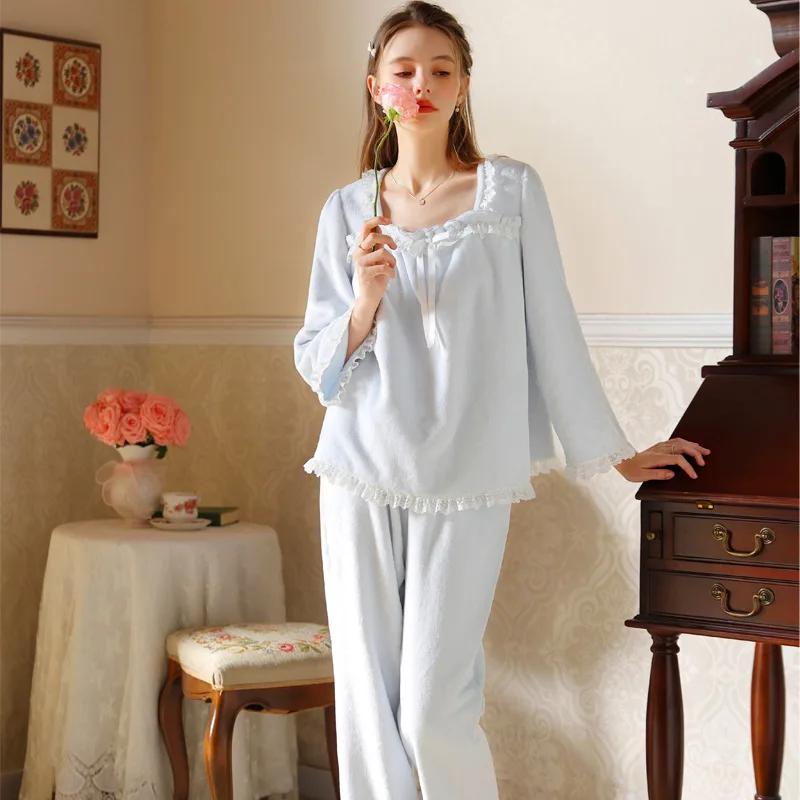 Women's Velvet Loungewear, Sweet Lace Trim Pajamas, Square Collar, Velour Tops, Pants, Princess Sleepwear, Nightwear, Winter image 6