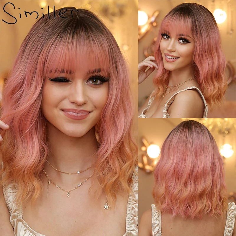 

Similler Women Short Synthetic Wigs Curly Hair High Temperature Fiber Dark Root Pink Ombre Bob Wig with Bangs