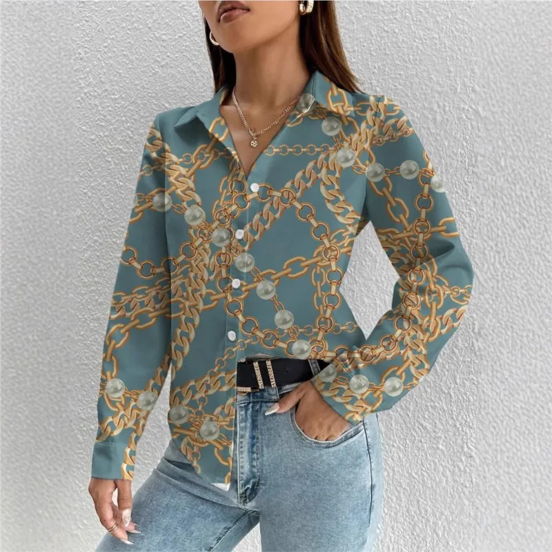 

Chic Women's Temperament Commuting Shirt Autumn Fashion Loose Casual Harajuku Shirt Chain 3d Digital Printing Short Sleeve Shirt