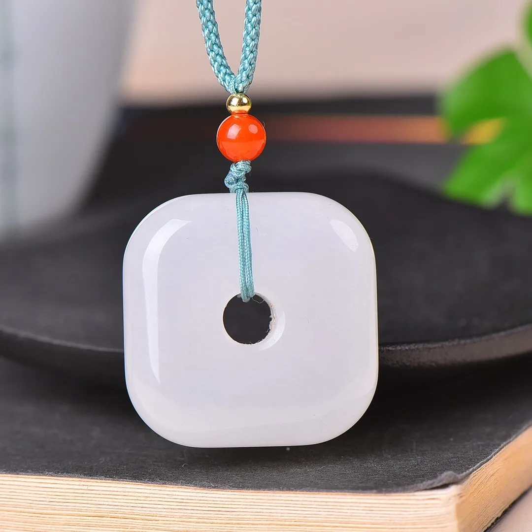 30mm Natural White Jade Square Pendant With Rope Chain Charms Necklace Men Women Fine Jewelry Chinese Hetian Jades Lucky Amulets