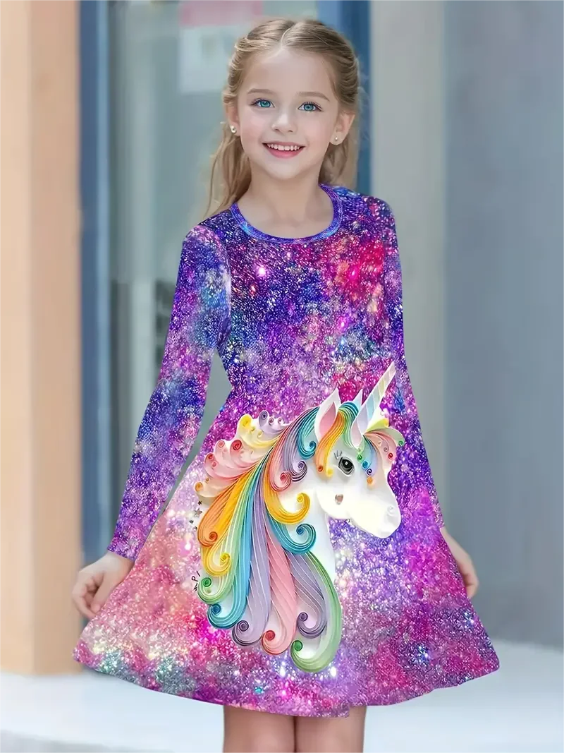 Star Unicorn 3d Graphic Long Sleeve Dress For Girls - Comfortable And Casual Dress For Everyday, Festive, Gifts