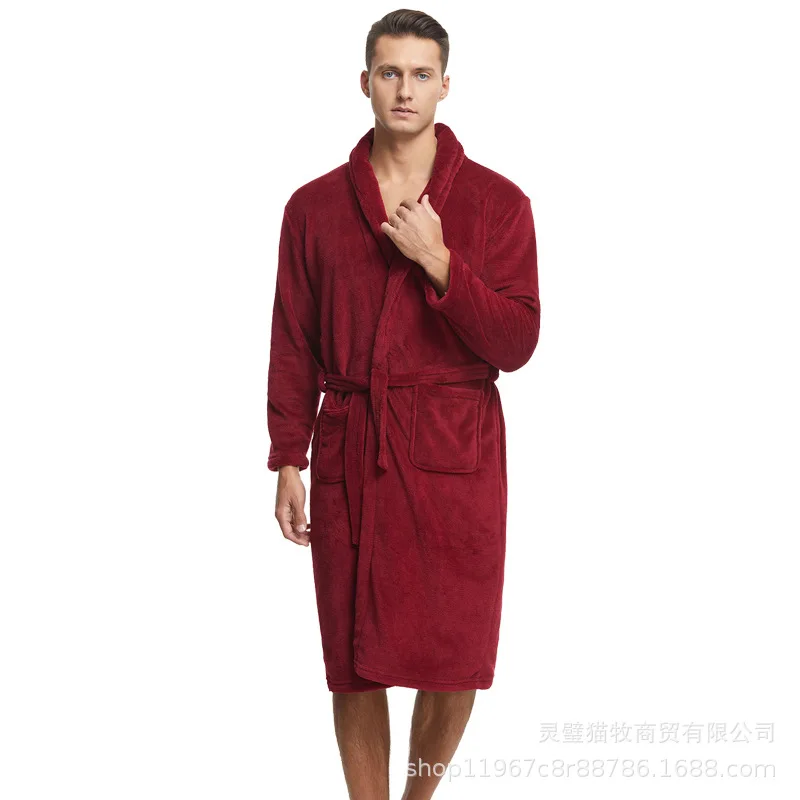 nightgown men and women autumn and winter coral fleece bathrobe pajamas autumn and winter loungewear yukata cross-border