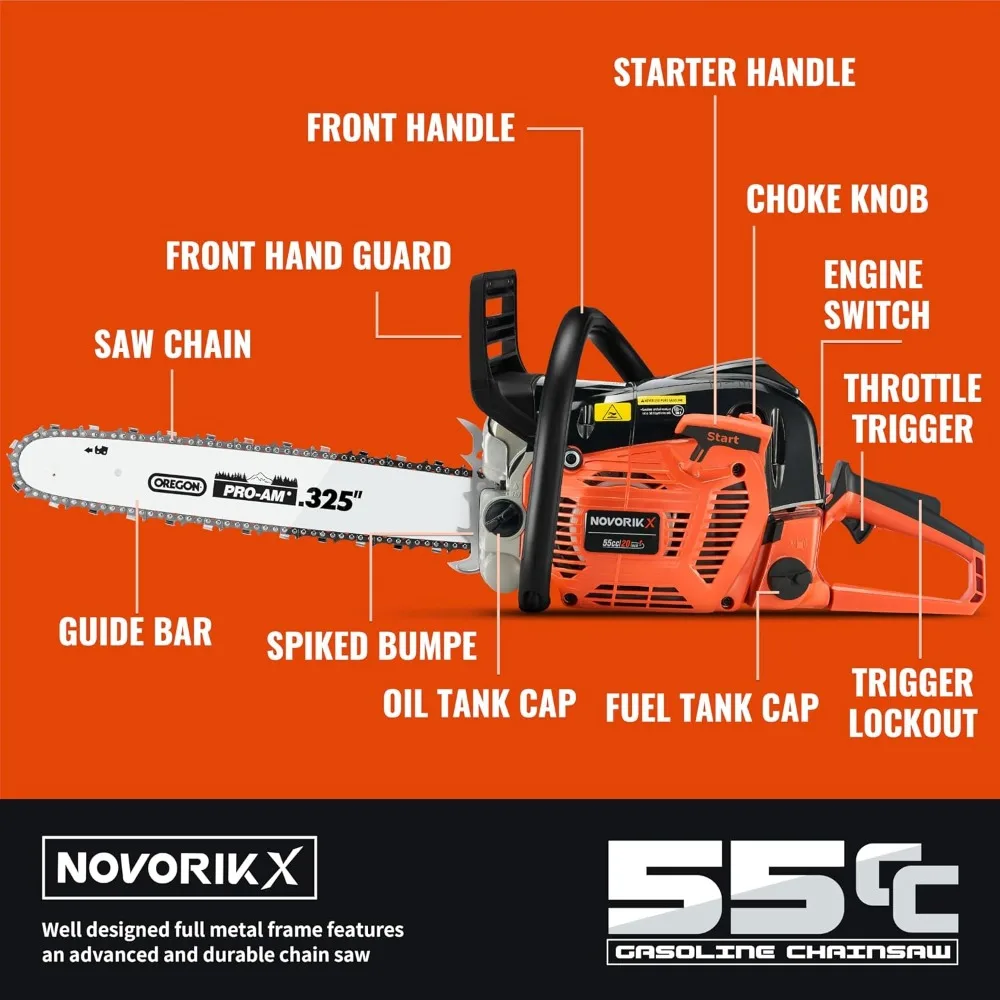 20 Inch 2-Cycle Gas Chainsaw for Tree Trimming, Wood Cutting, and Land Clearing with Automatic Oiler