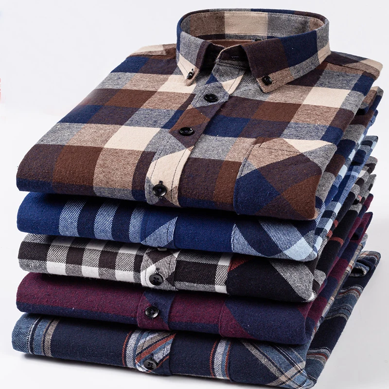 Cotton Mens Checkered Shirts Long Sleeve Soft Plaid Shirt Button Up Regular Fit Leisure Classical Vintage Comfortable Man Tops