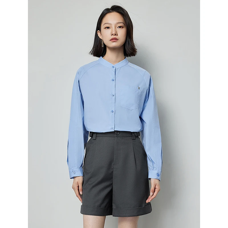 TOYOUTH Women Blouse Shirt 2024 Spring New  Stand Collar Single Breasted Button Pocket Office Lady Long Sleeve Shirts Tops