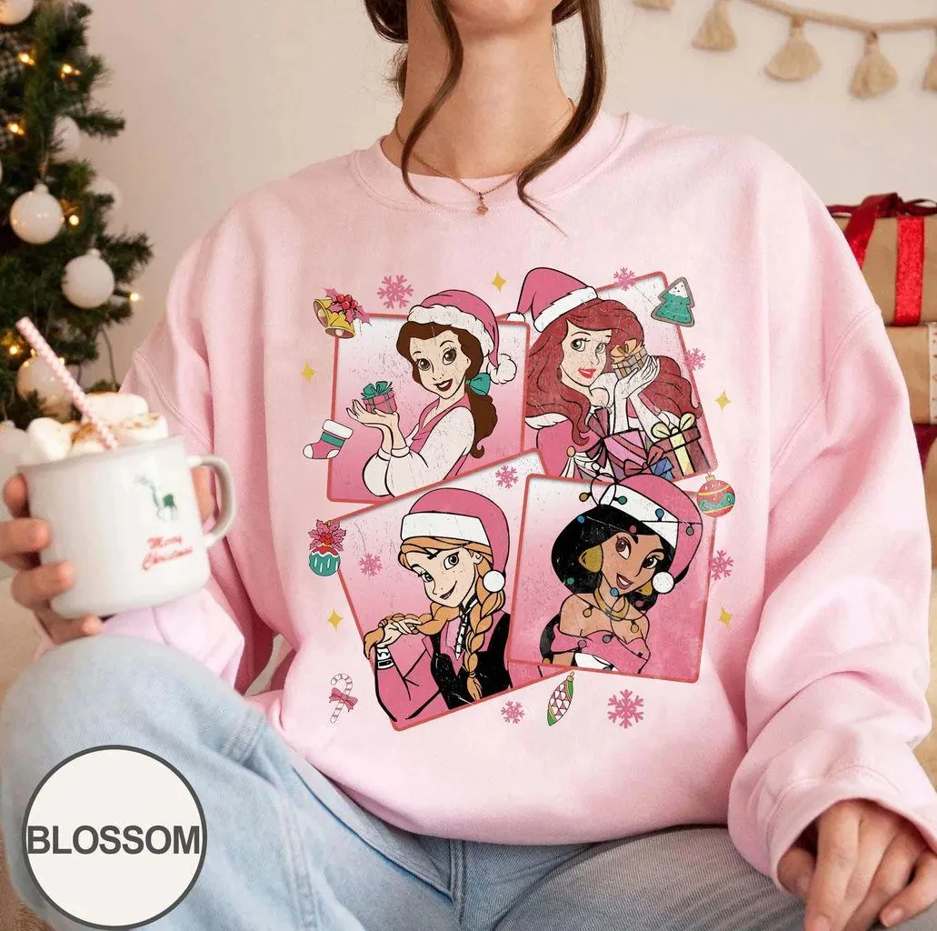 سويت شيرت عيد الميلاد الوردي لأميرات ديزني هدية العيد لمحبي أميرات ديزني المتطابقة مع تي شيرت عيد الميلاد الوردي للفتيات #1