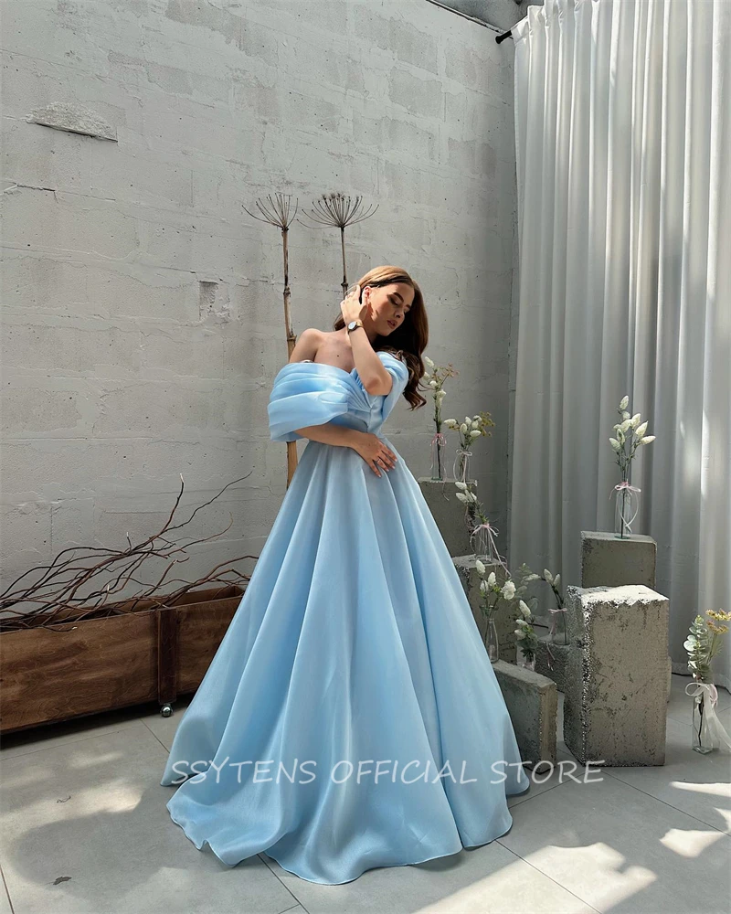 Elegant Blue A Line Evening Party Dresses Off Shoulder Dress Women Prom Gowns Lace Up Back Celebrity Bespoke Occasion Dresses