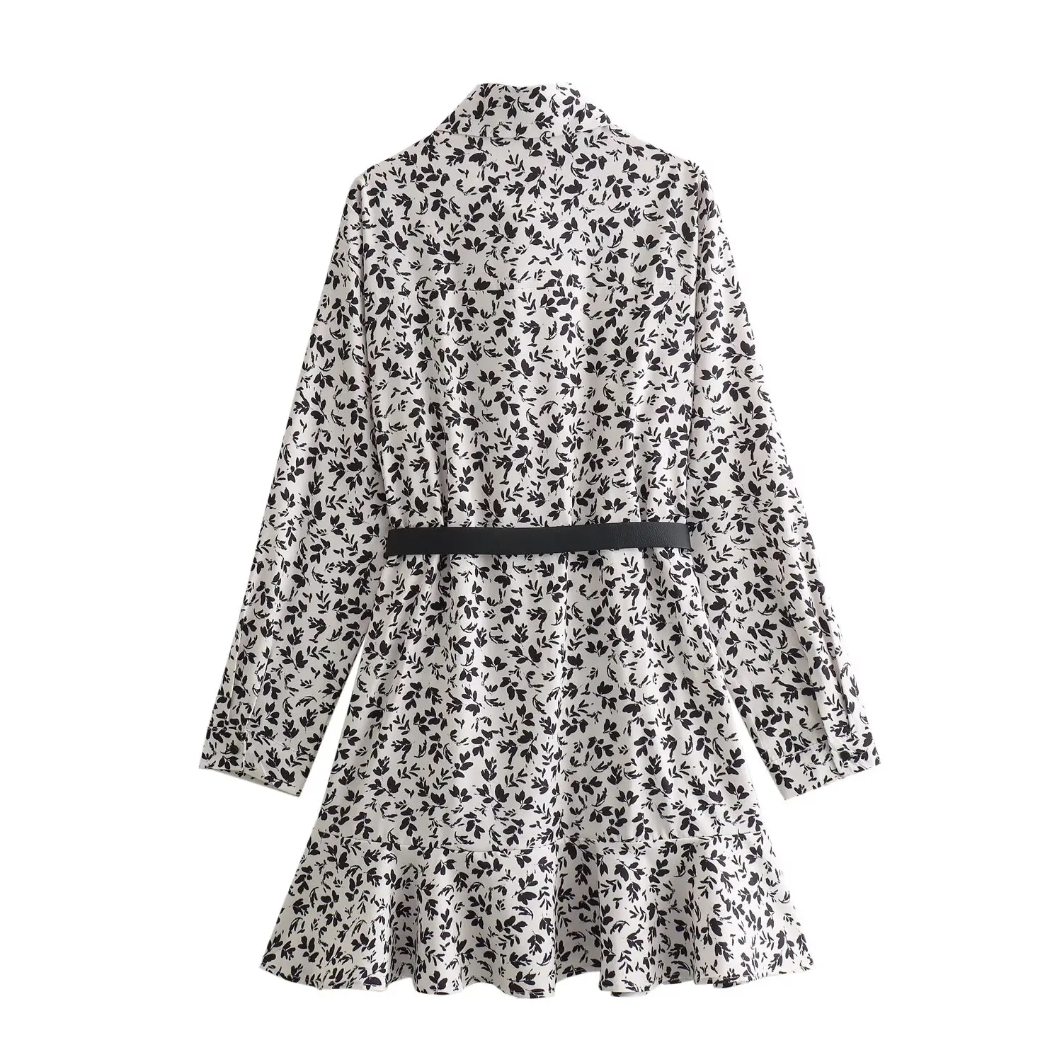 2025, Damen-Herbstkleid, neu, mit Gürteldekoration, lässige Mode, elegantes Revers, Langarm-Shirt-Stil, Blumendruck, kurzes Kleid