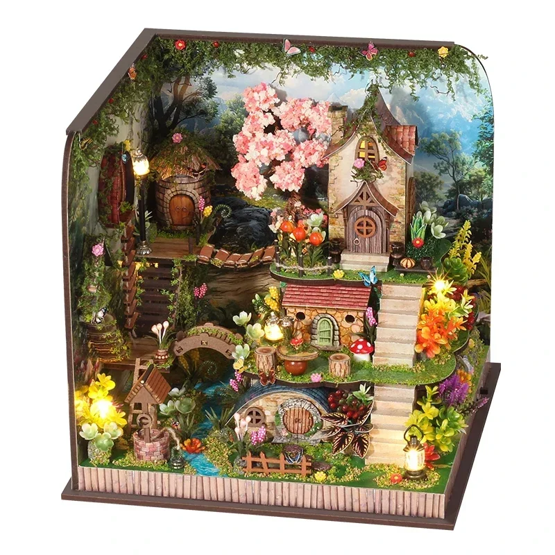 Forest Castle Cottage Figurines DIY Wooden Miniatures Bookend Assembled Houses Flower Casa for Friends Birthday Gift Home Decor