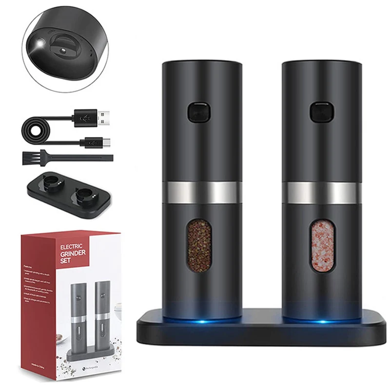 Electric Automatic Salt and Pepper Grinder Set Spice Mill Adjustable Coarseness Spices Grinder Rechargeable Base Kitchen Tools