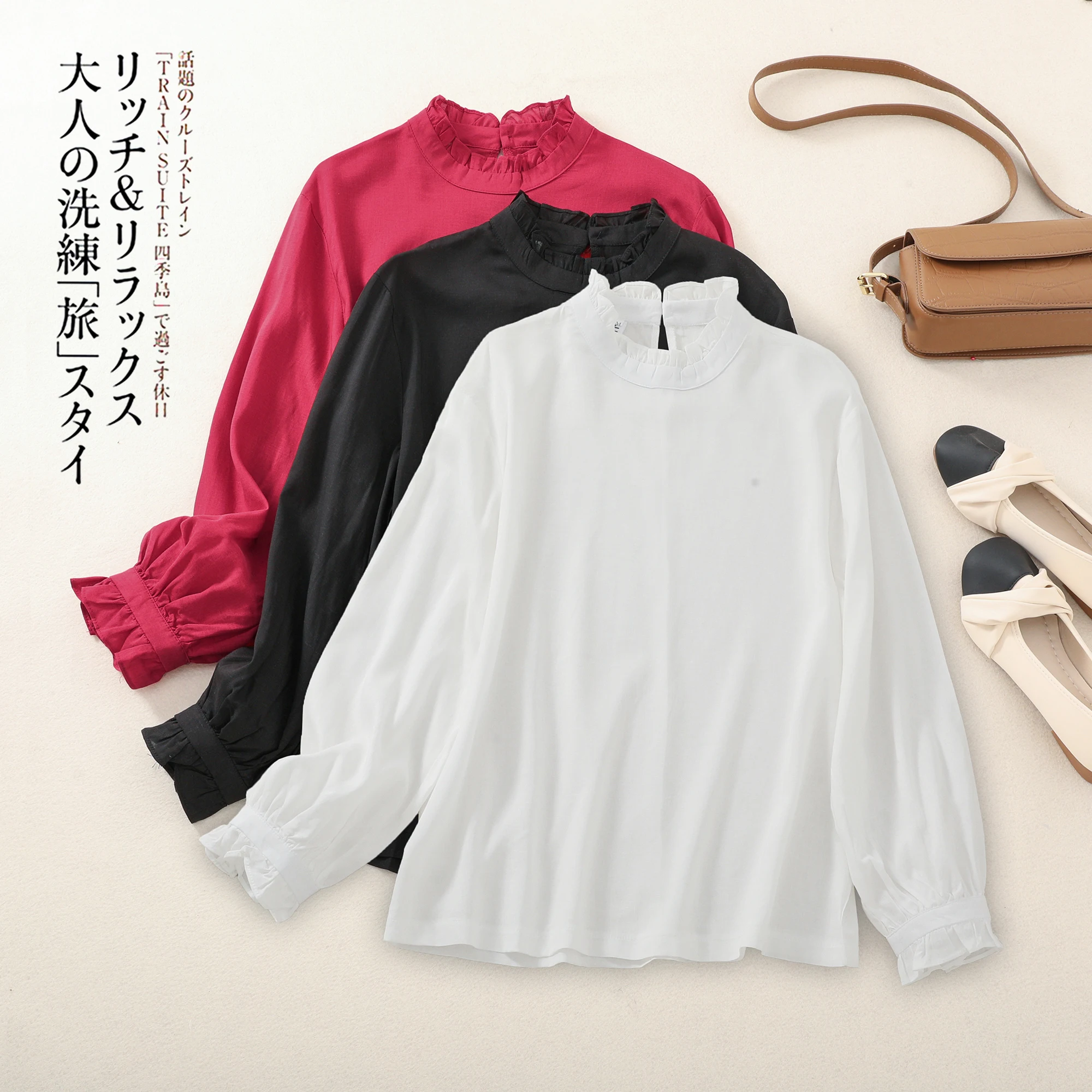 

Elegant Pure Flax Shirt with Lace Collar Artistic Style Vivacious Commute Wind Loose Fit Long Sleeve Regular Length Color