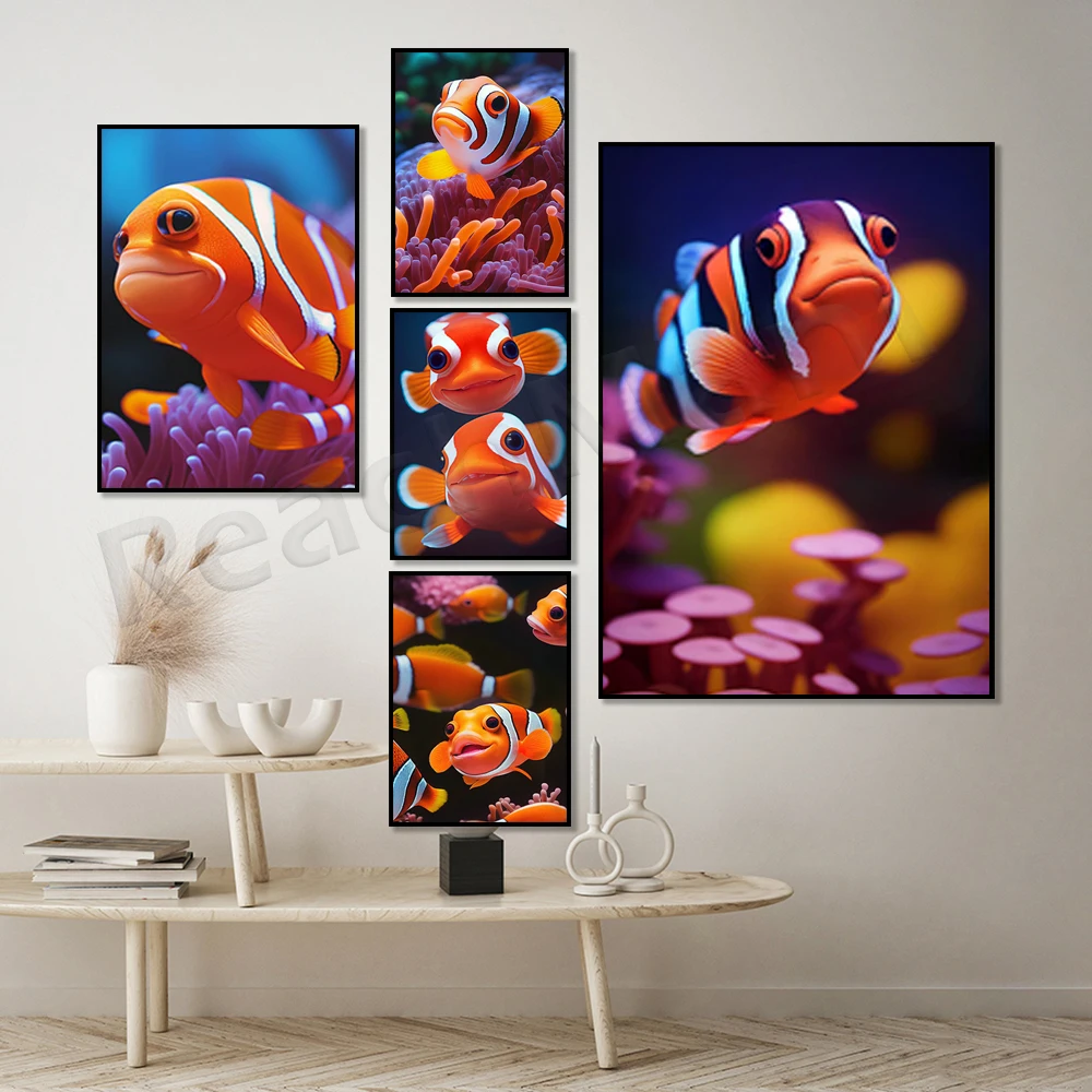 clownfish print, sea animals nordic posters and prints wall art canvas painting wall pictures kids room decor