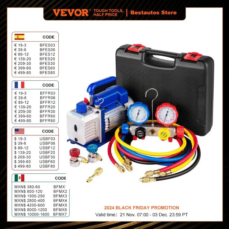 VEVOR Vacuum Pump 4.8CFM 1/4 HP Single Stage for HVAC Cooling 5PA Manifold Gauge Kit R410A R134A R22 Includes 4-Way Gauge&Hose