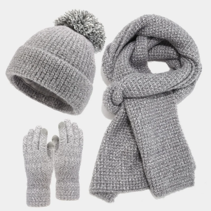 3 pcs Women's Thick Large Pom-pom Hat Scarf Glove Set Autumn Winter Thickened Warm Simple Cold-proof Three-piece Sets
