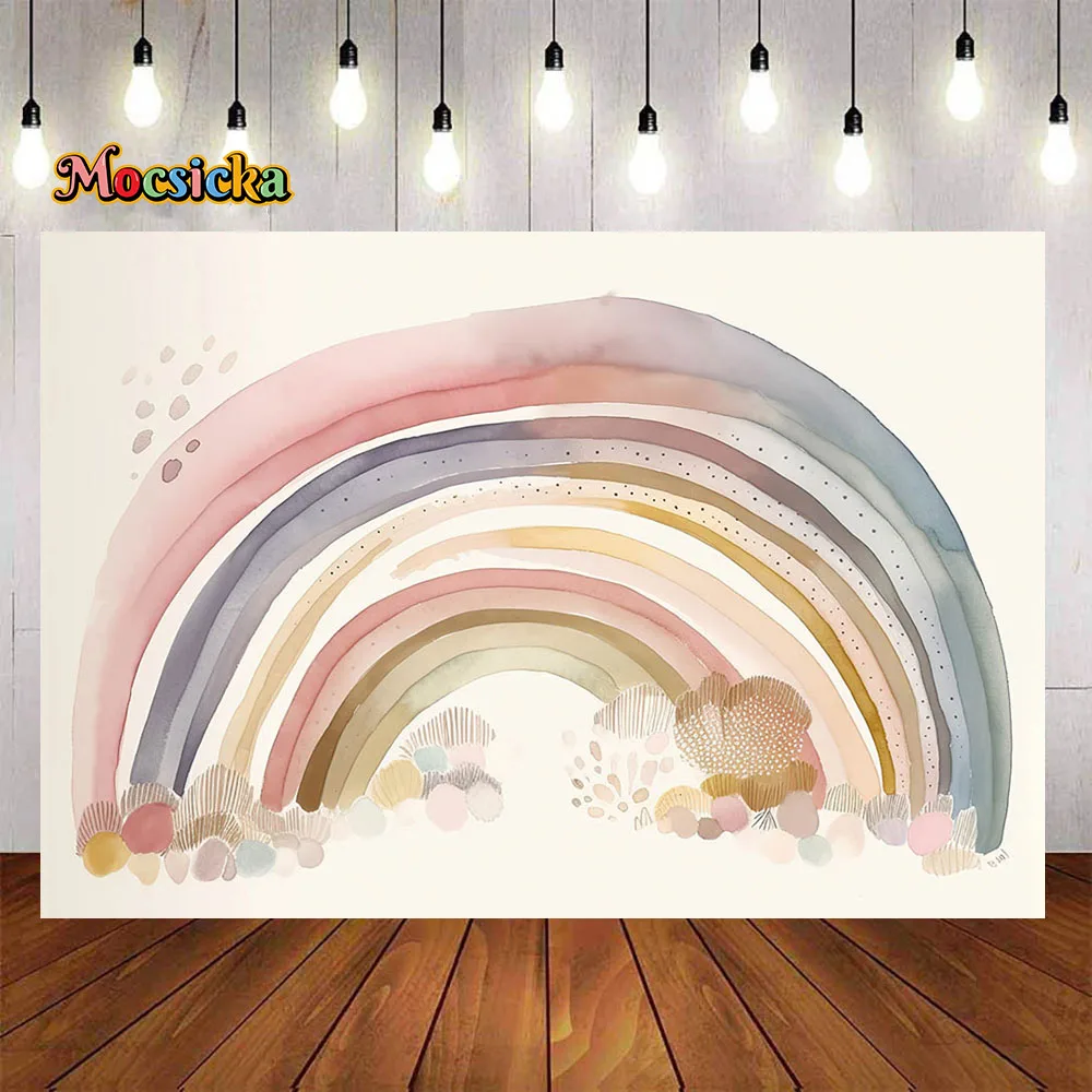 Boho Rainbow Background Decoration Girl Baby Shower 1st Birthday Party Backdrop Beige Cake Dessert Wallpaper Newborn Photozone