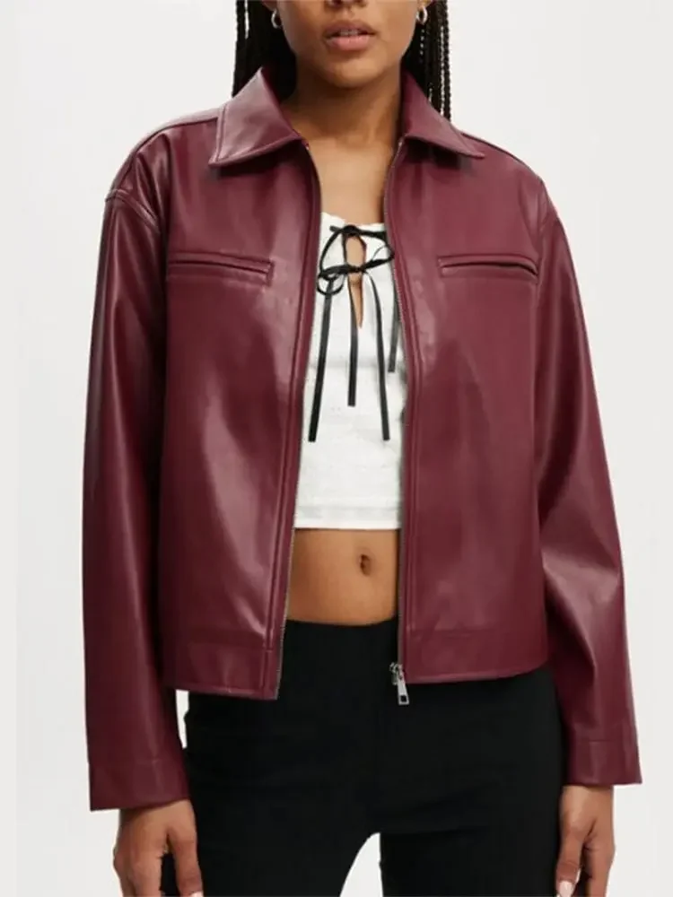 Solid Zipper Short Bomber Leather Jacket Women Chic Lapel Long Sleeves Cropped Jackets 2024 New Female Party Fashion Streetwear