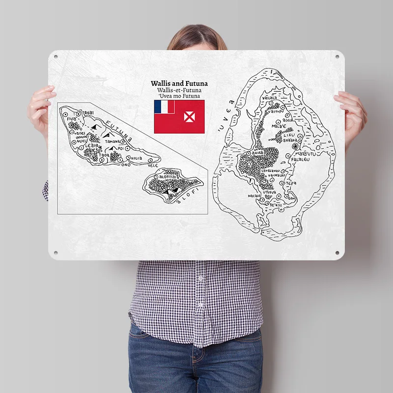 Affiche Carte de Wallis-et-Futuna Dessinée à la Main, Panneaux Métalliques Imprimés 3D Rétro, Décoration Murale Personnalisée, Cadeau pour la Décoration de Chambre