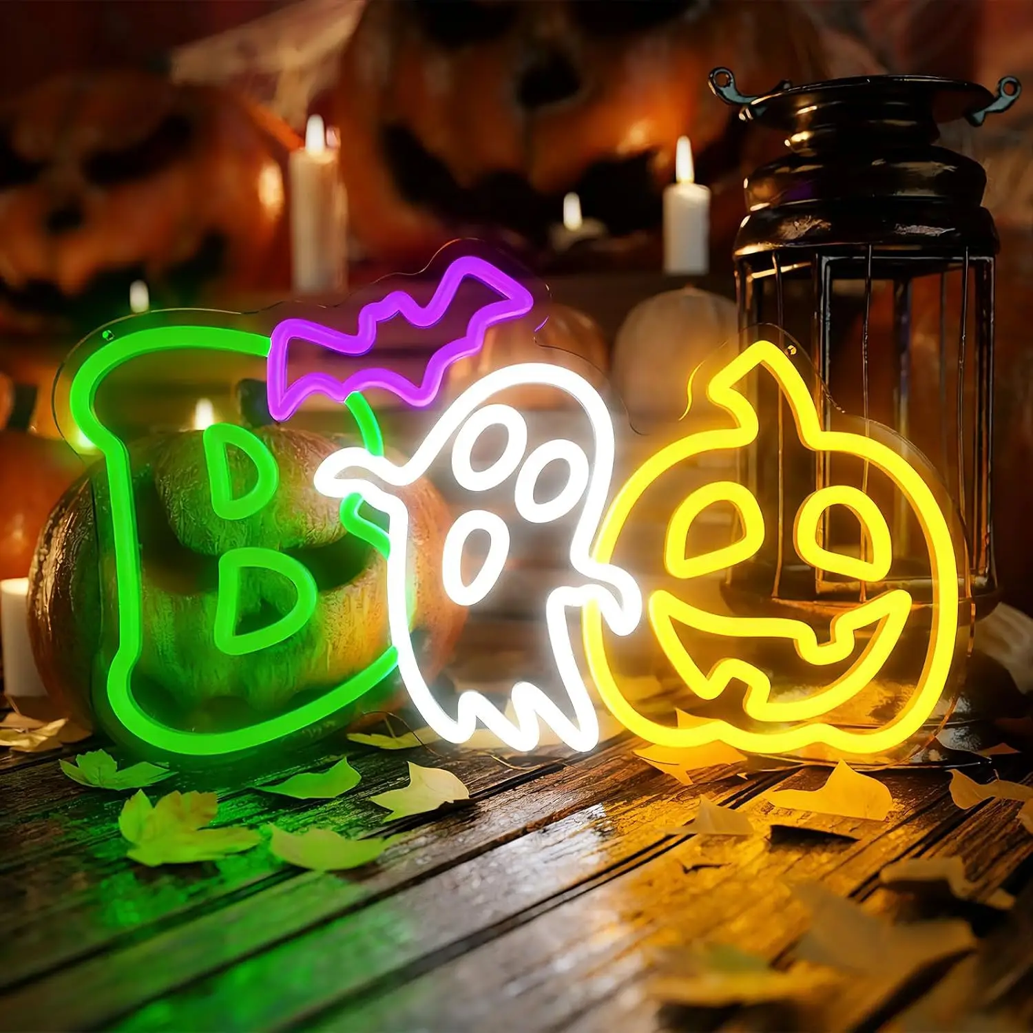 Pumpkin Ghost USB Neon Sign Dimmable LED Boo Sign Halloween Spooky Light Wall Decor for Haunted House Bar Party Game Room Bistro