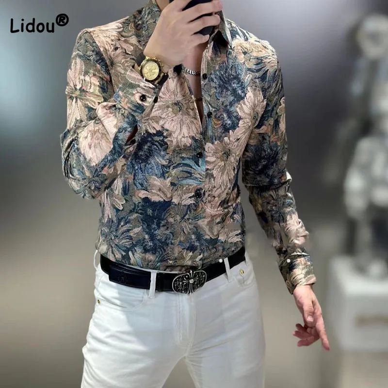 Camisa estampada de moda para hombre, camisa de manga larga con cuello vuelto, ropa Vintage de un solo pecho, primavera y otoño