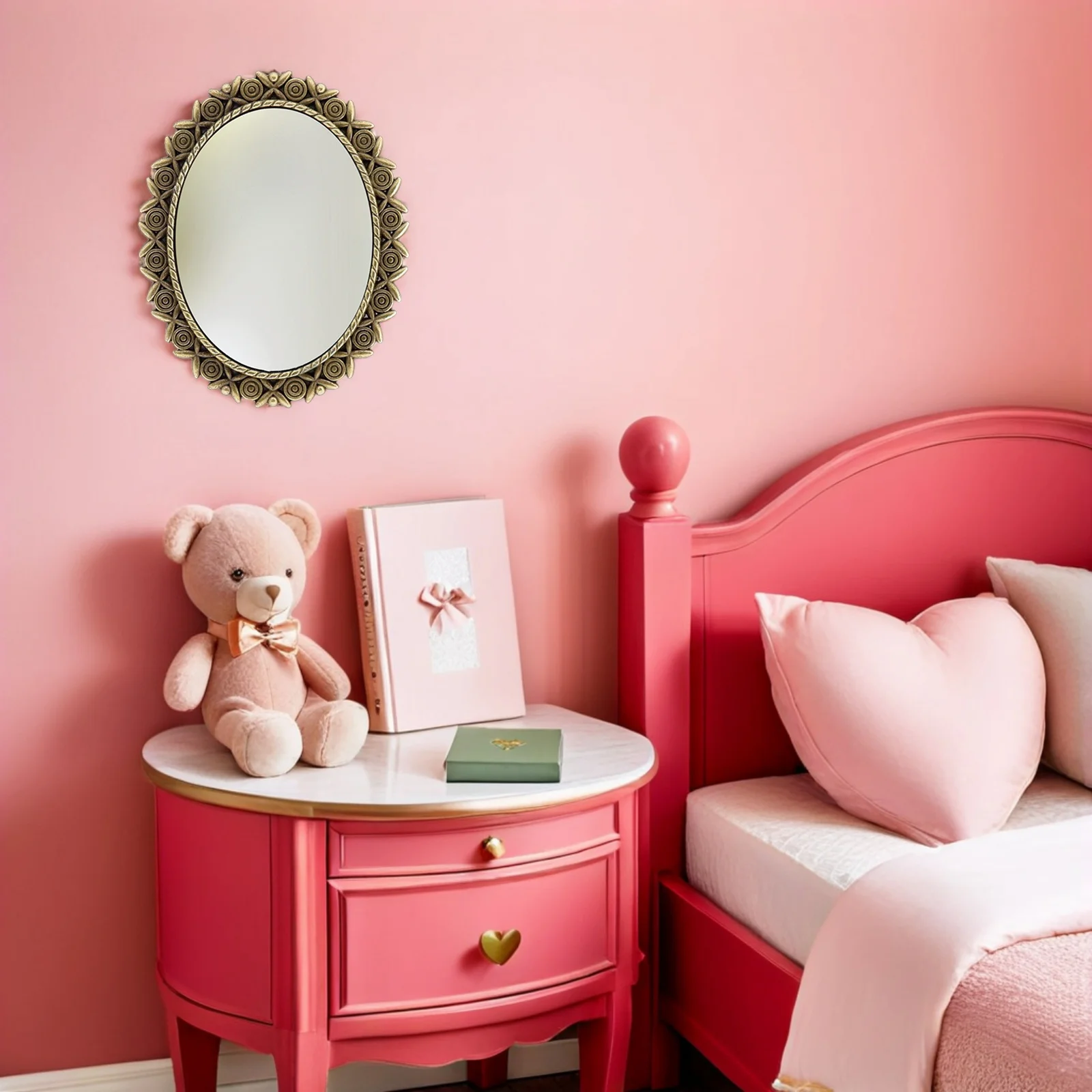 

3Pcs Oval Small Wall Mirror Vintage Bronze Frame Hanging Mirror Miniature European Bedroom Decor Dollhouse Accessories