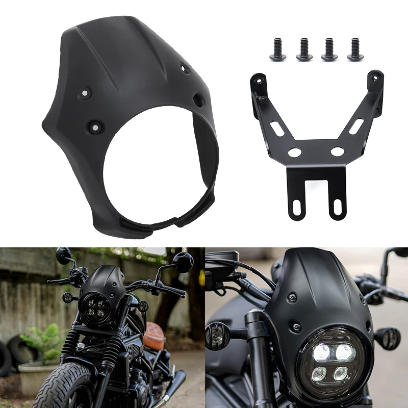 Motorcycle Front Headlight Fairing Cover Head Light Protector Cowl Mask Kit Matte Black For Honda Rebel CMX 300 500 2017-2023