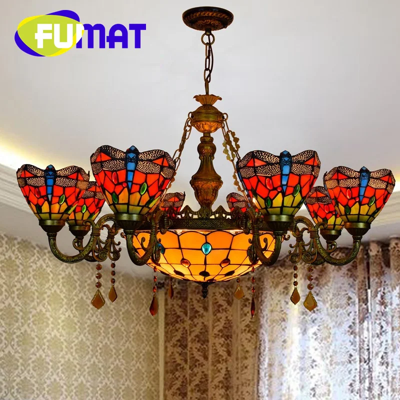 

FUMAT Tiffany style stained glass vintage red Dragonfly multi-head chandelier Living Room Dining Room Bedroom bar LED decor