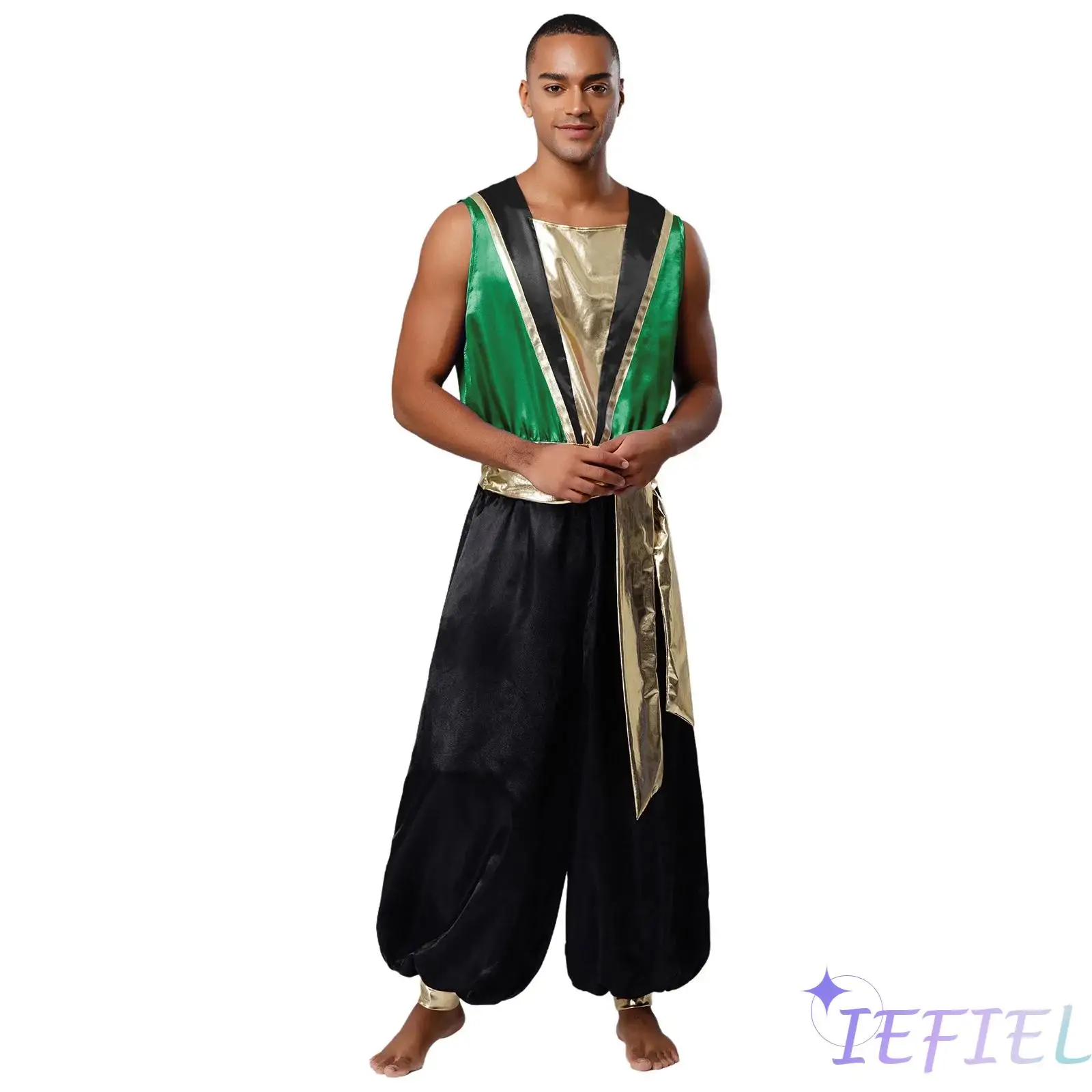 

Men Arabian Prince Role-Playing Halloween Fancy Dress Ball Costume Sleeveless Back Invisible Zipper Metallic Belted Jumpsuit