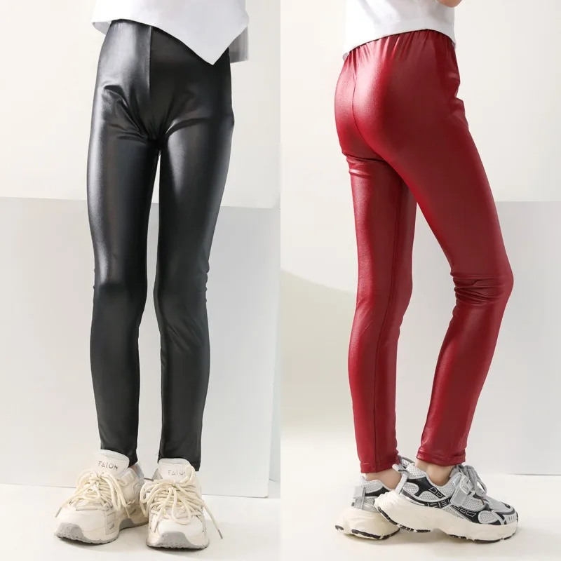 Girls\' Leggings Spring and Autumn Thin Children\'s Slim Fit Imitation Leather Pants Baby Elastic Pants 3-12 Years Old