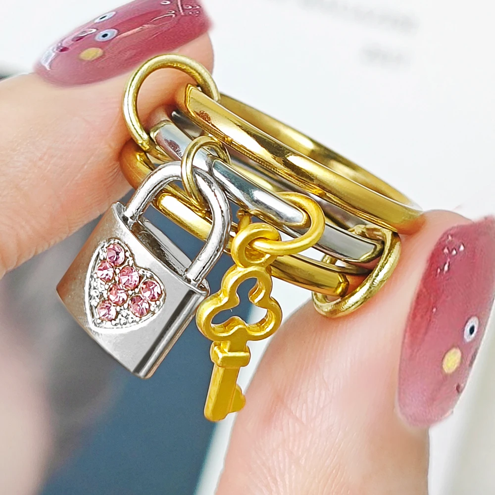 Edelstahl Spinelli Kilcollin Ring Schloss Schlüssel Charms INS Mode Stapelbare Ringe Set Gold Farbe Handgemachte Anhänger Schmuck Geschenk – Detail 10