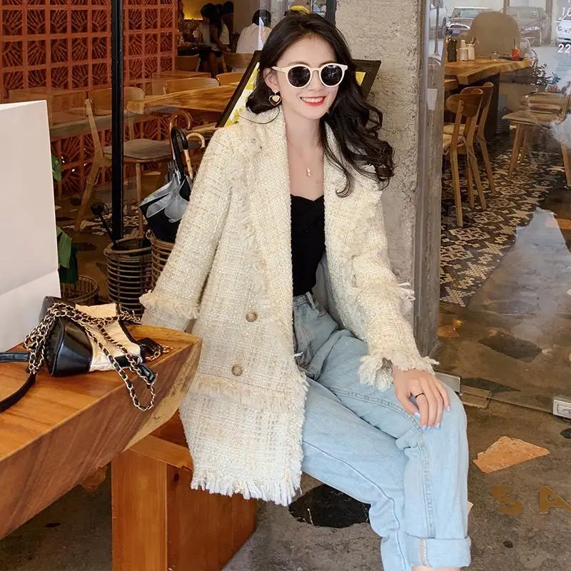 Fashion Spring Autumn Korean Suit Women's Tweed Jacket Double-breasted Blazer Design Coat Tassels Lapel Long Sleeve Coat Tops