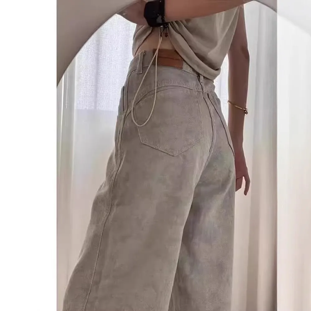 جينز نسائي صيفي جديد فضفاض بخصر عالٍ وقصة مستقيمة متوسطة التمدد من مزيج القطن خفيف الوزن من قماش الدنيم #1