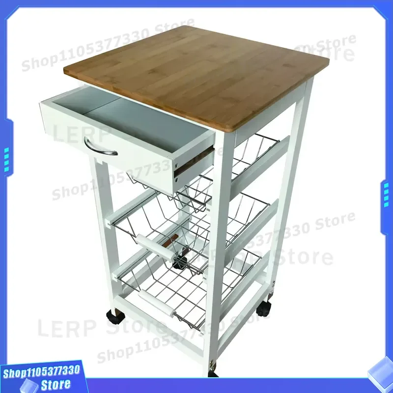 Natural Bamboo Top Kitchen Cart with 3 Storage Baskets Grey Rolling Island Trolley for Home Organization Mobile Utility