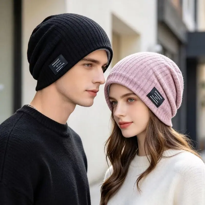 Unisex Fashion Slouchy Winter Hats Plush Fur Lined Beanie Cap Men Women Winter Mixing Color Label Decor Knitted Hats